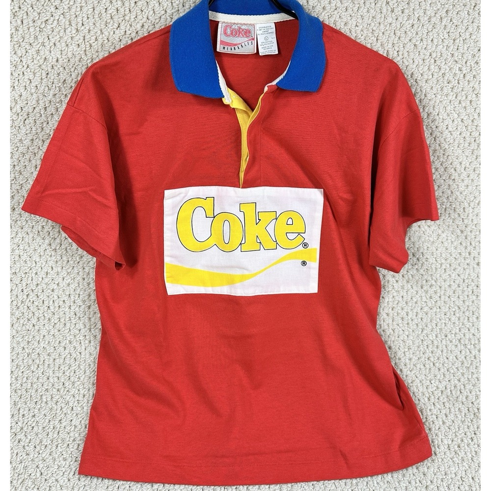 Vtg 80s Coca Cola Rugby Polo Shirt Mens L Coke Wearables 50/50 Logo Made in USA